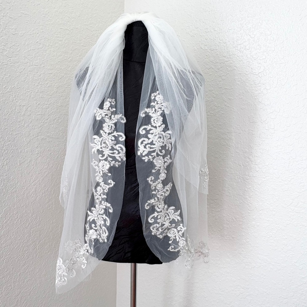 Unbranded Bridal Veil Lace Pearl Embroidery, Women OS White